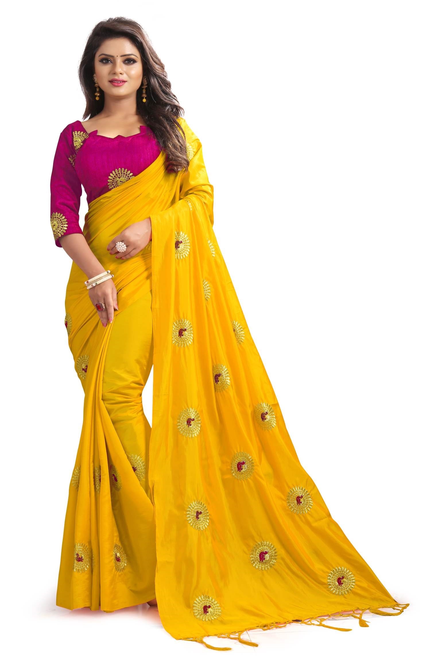 

Paris Designer Silk Embroidered Yellow Color Saree with Blouse