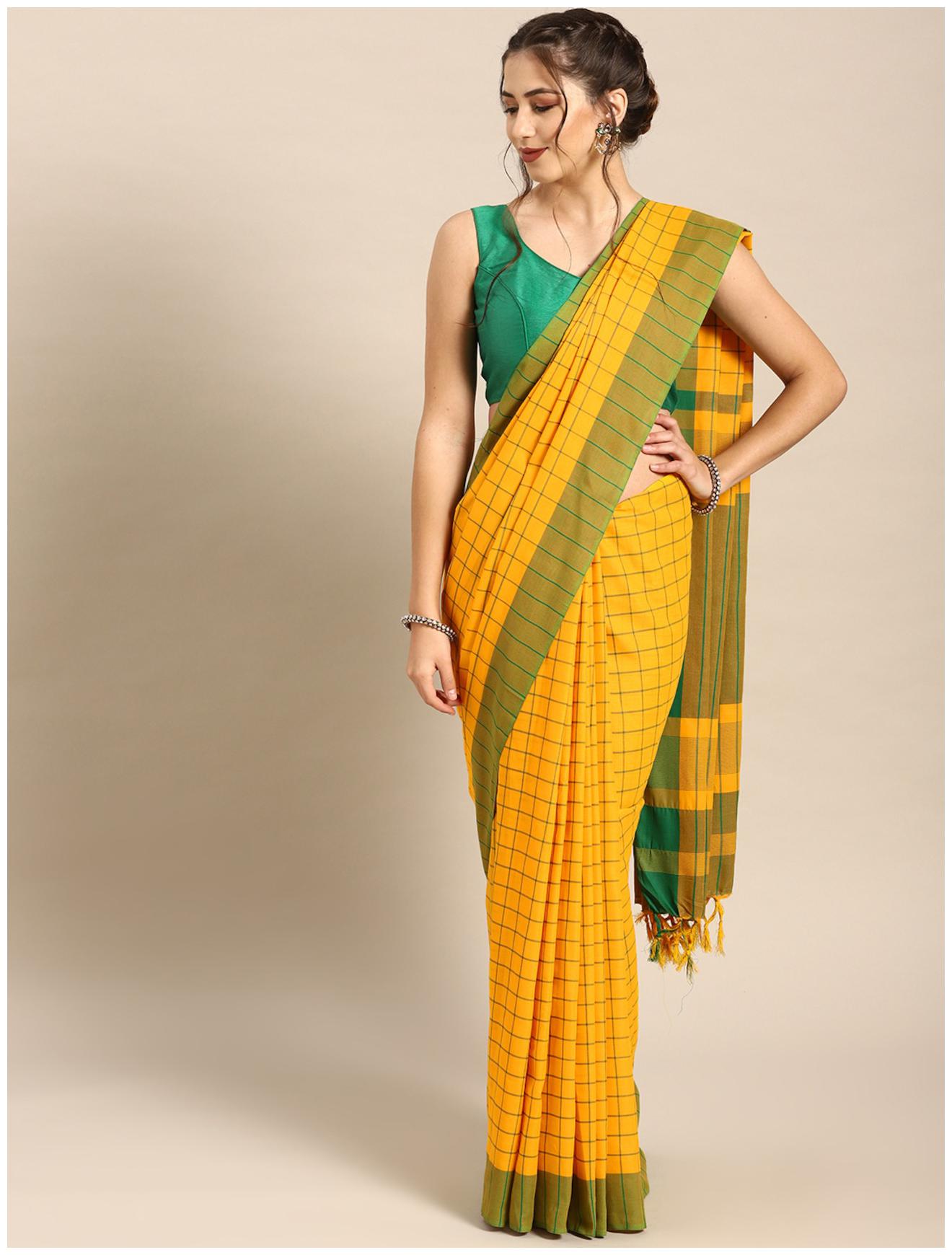 

Paris Designer Women Cotton Checks Saree with Blouse Piece (Yellow)
