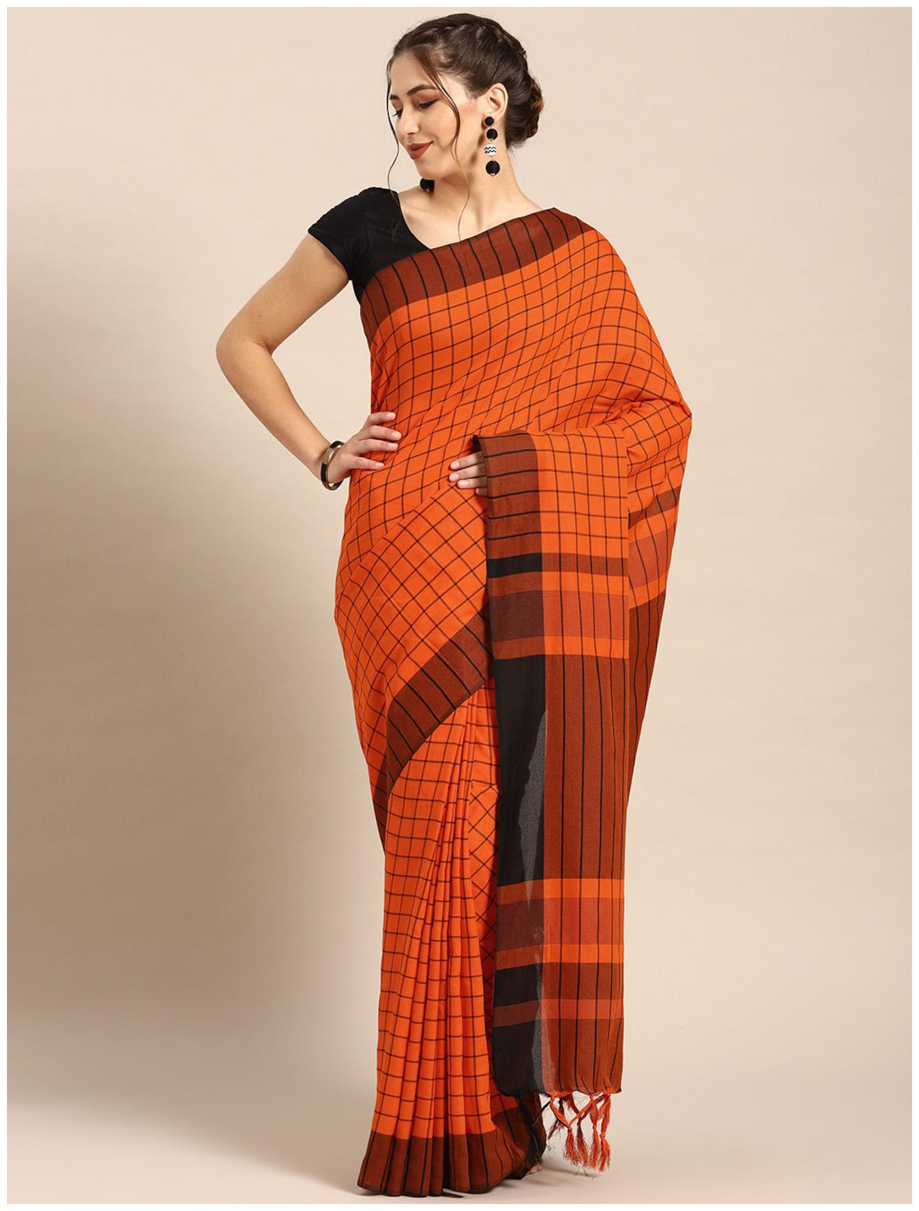 

Paris Designer Women Cotton Checks Saree with Blouse Piece (Orange)