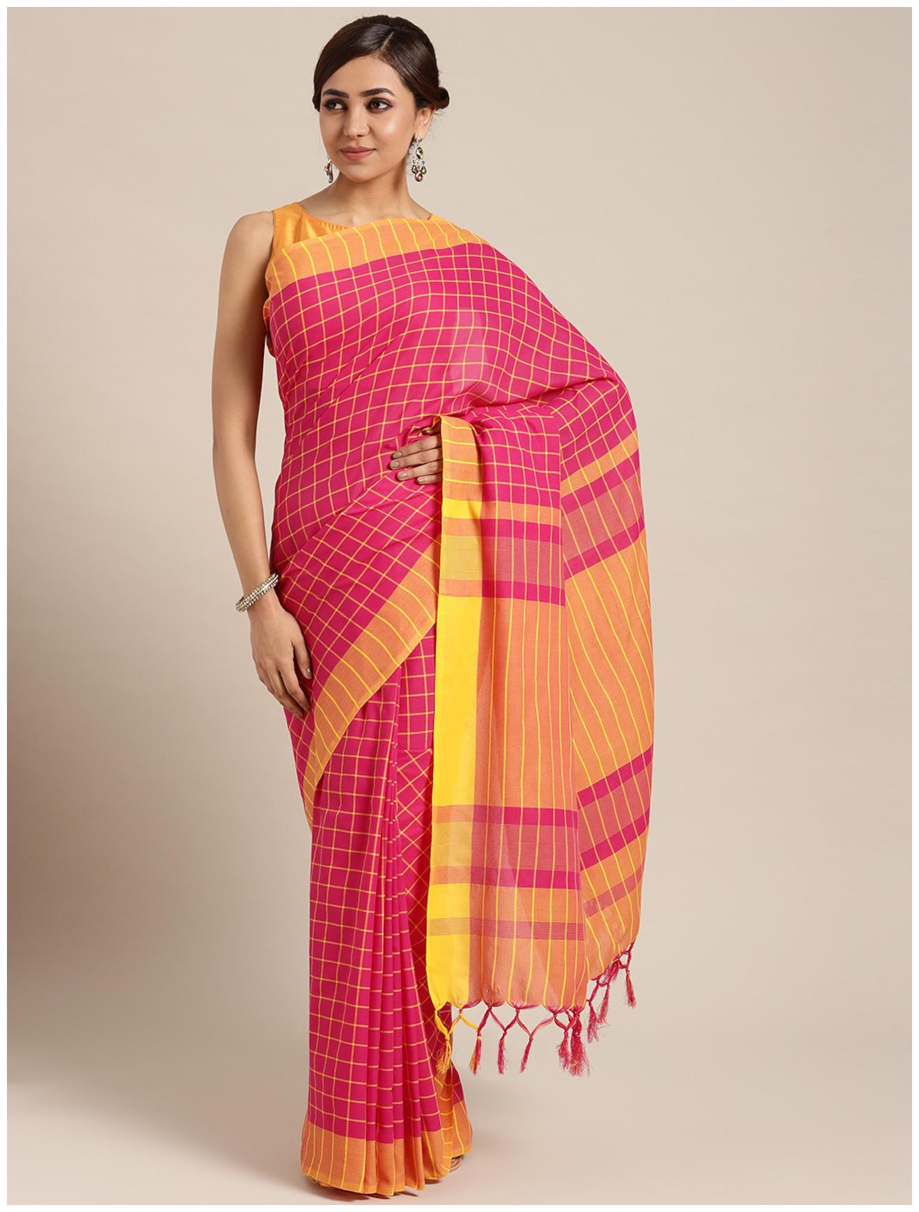

Paris Designer Women Cotton Checks Saree with Blouse Piece (Pink)