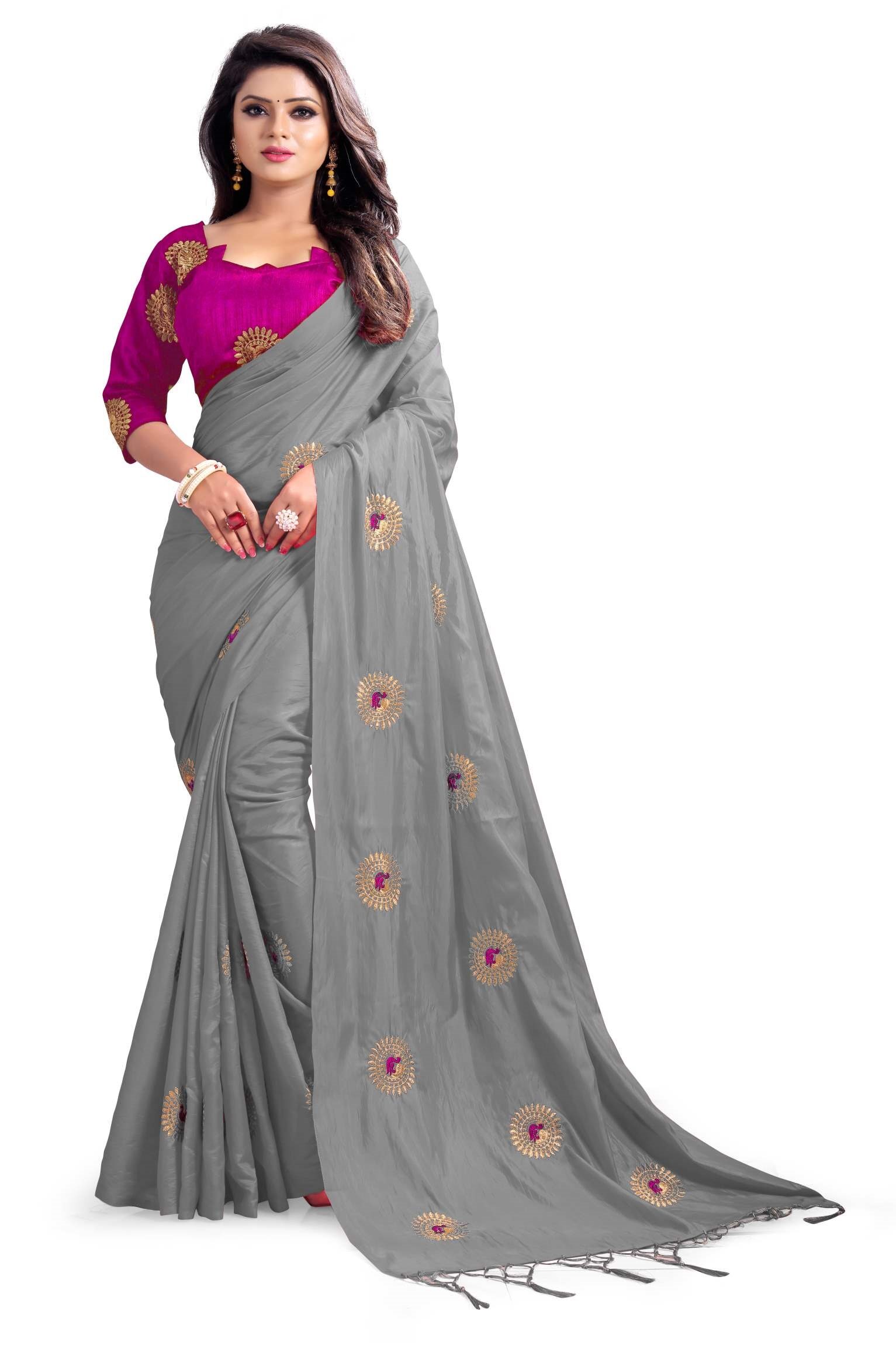 

Paris Designer Silk Embroidered Grey Color Saree with Blouse