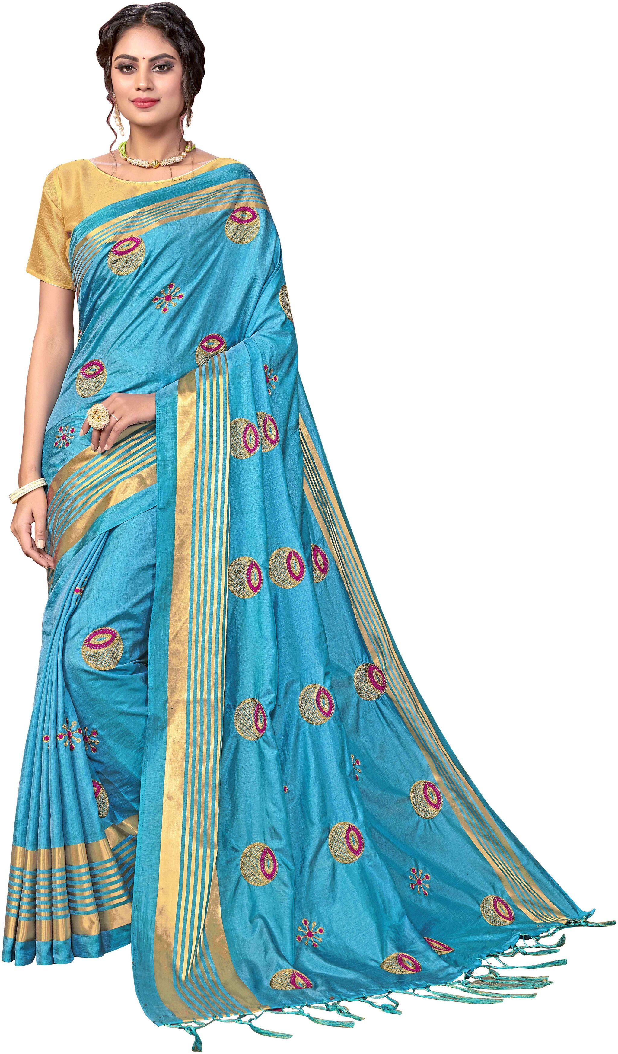 

Paris Designer Women Embroidered Fashion Silk Saree (Blue)