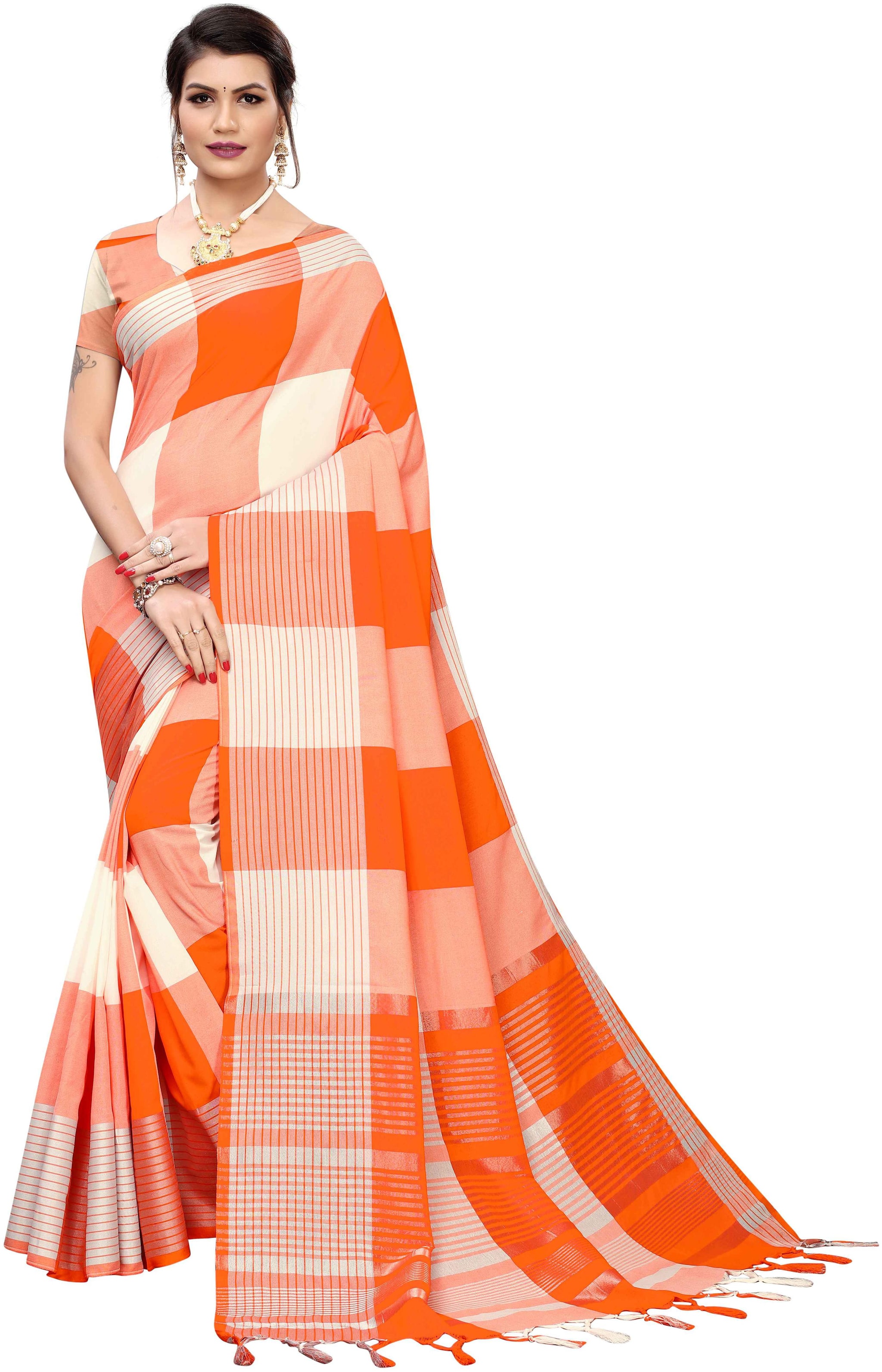 

Paris Designer Cotton Checkered Orange White Color Saree With Blouse