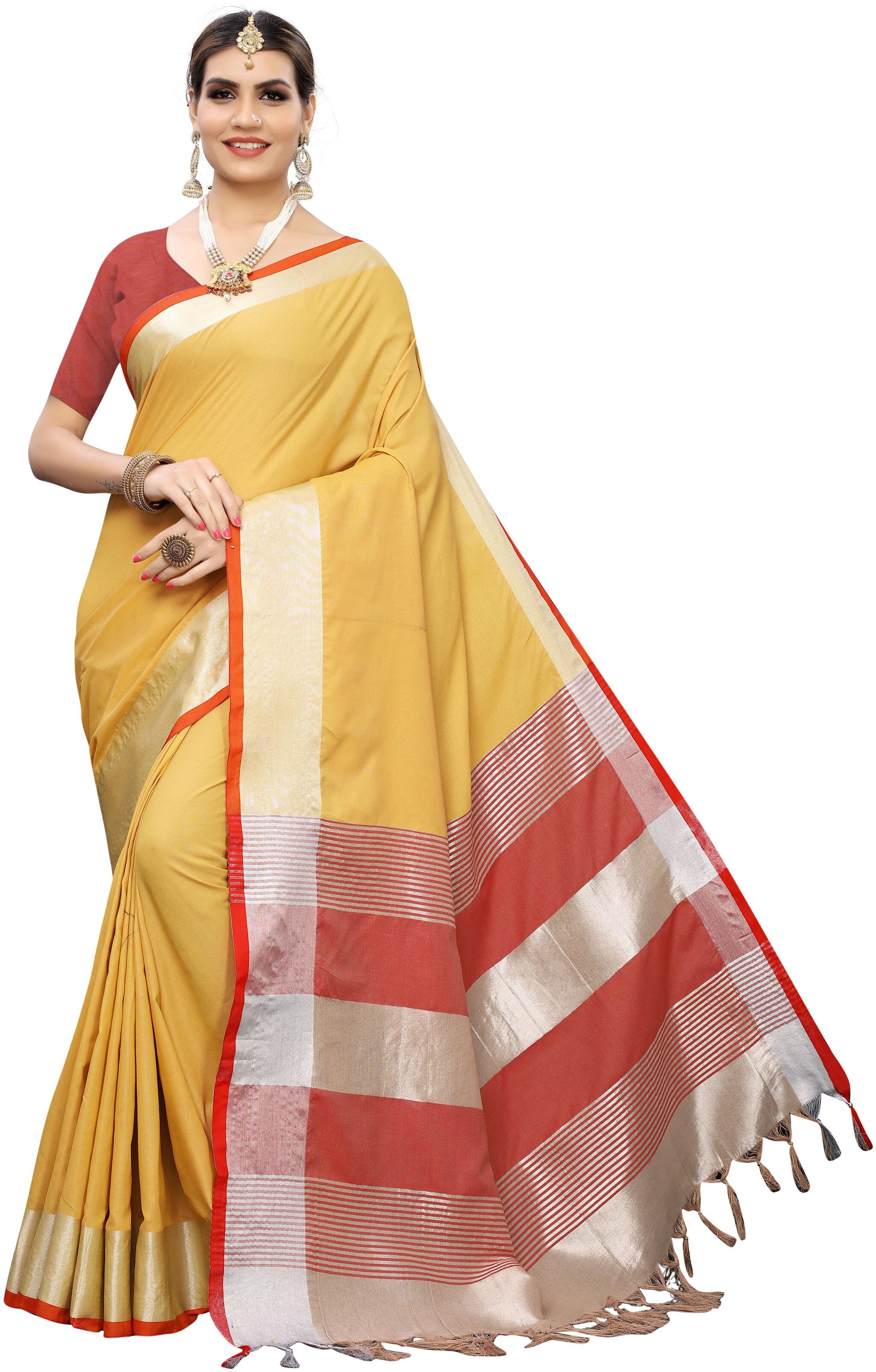 

Paris Designer Women Cotton Silk Daily Wear Saree (Red Yellow)