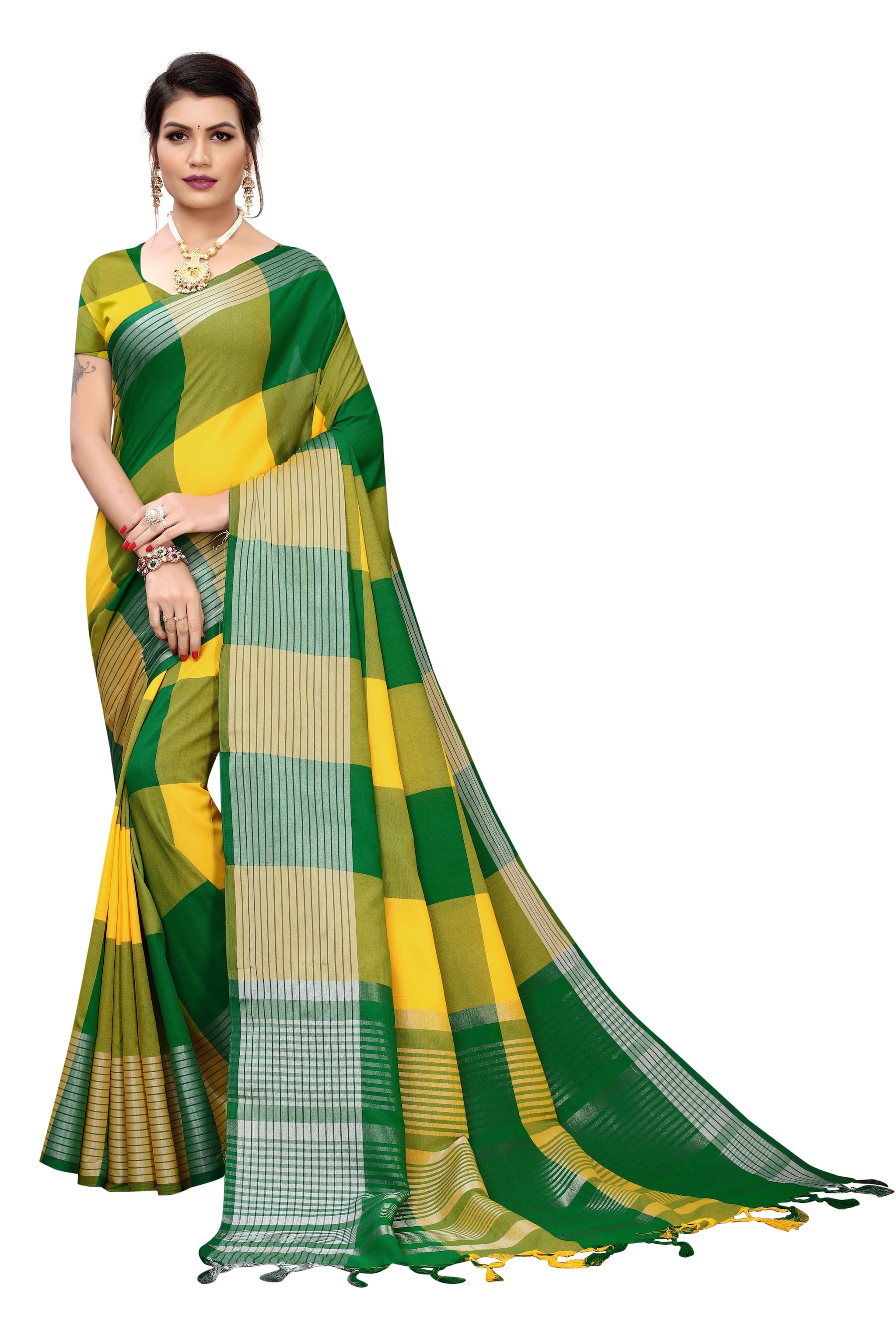 

Paris Designer Cotton Checkered Yellow Green Color Saree With Blouse