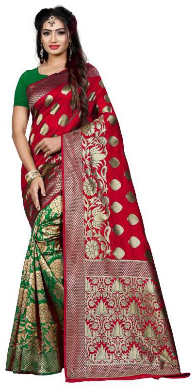 

Paris Designer Women Jacquard Woven Red Green Regular Saree With Blouse