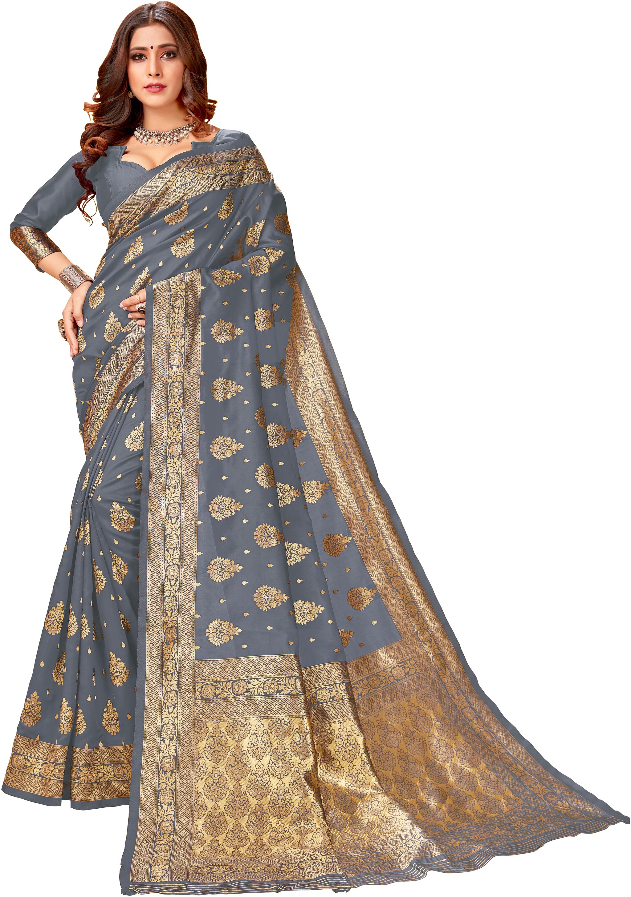 

Paris Designer Women Woven Kanchipuram Silk Saree (Grey)