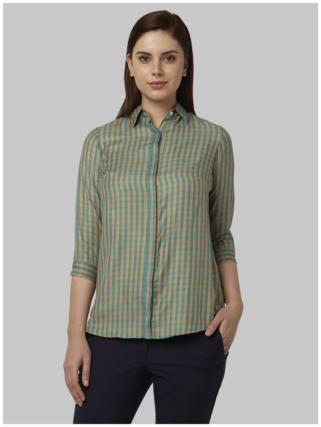 

Park Avenue Women Green Checked Regular Fit Shirt