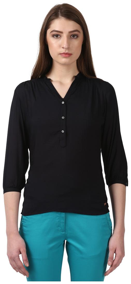 

Park Avenue Solid Black Viscose Regular Fit Band Collar Three-quarter Sleeves Top
