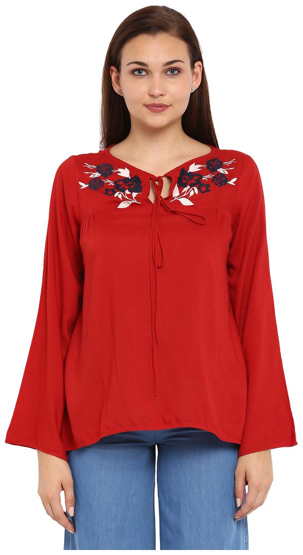 

Park Avenue Women Embroidered Regular top - Red
