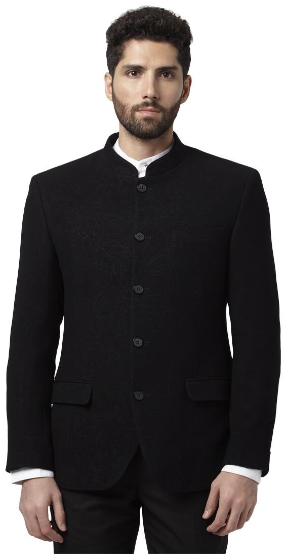 

Park Avenue Printed Polyester Black Slim Fit Mandarin Full Sleeve Suit