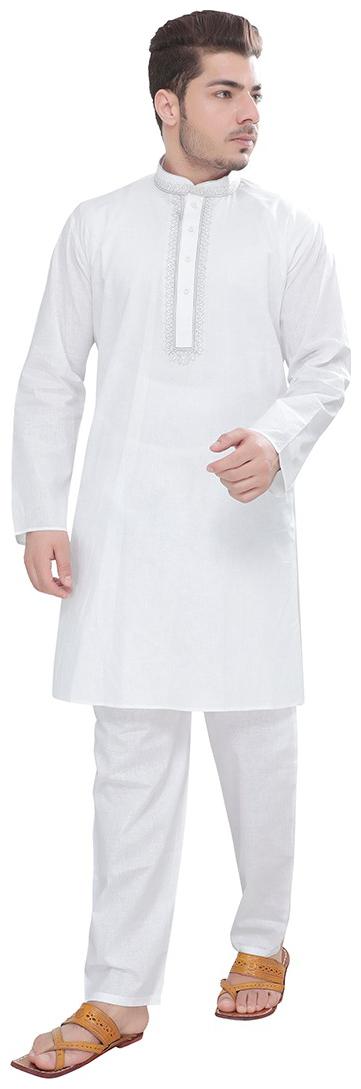 

Partywear Mens summer Kurta and Pent cut pajama stylish collar with Fancy button Neck embroidery white kurta white pajama Cotton fabrics