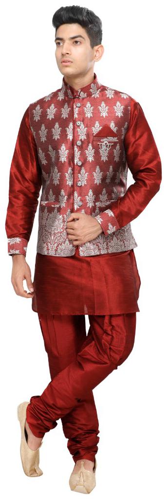 

Partywear Pathani Baloon with Stylish Fancy Printed Wesh Coat Embellished Brooch Fancy Button Row Silk Fabrics