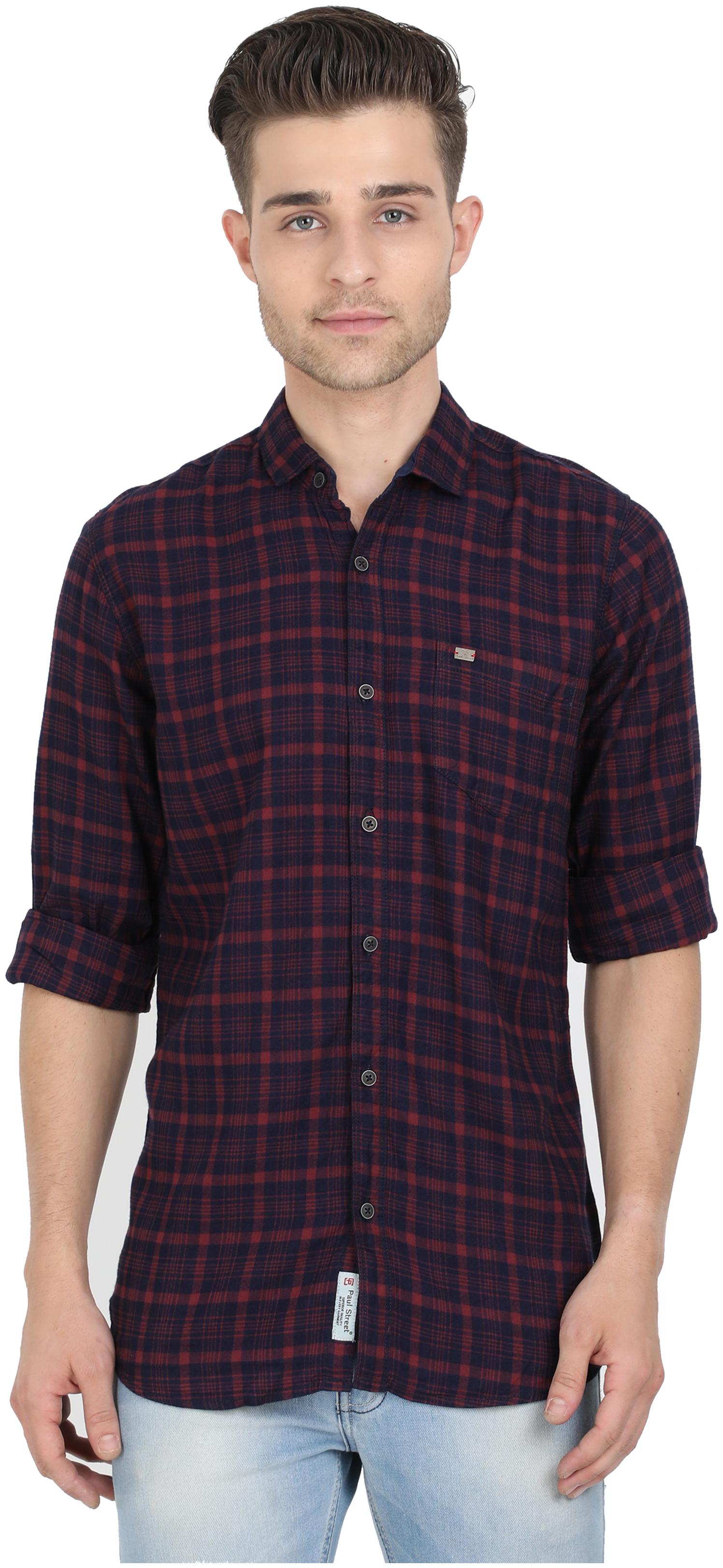 

Paul Street Men Red Navy Blue Checked Slim Fit Casual Shirt