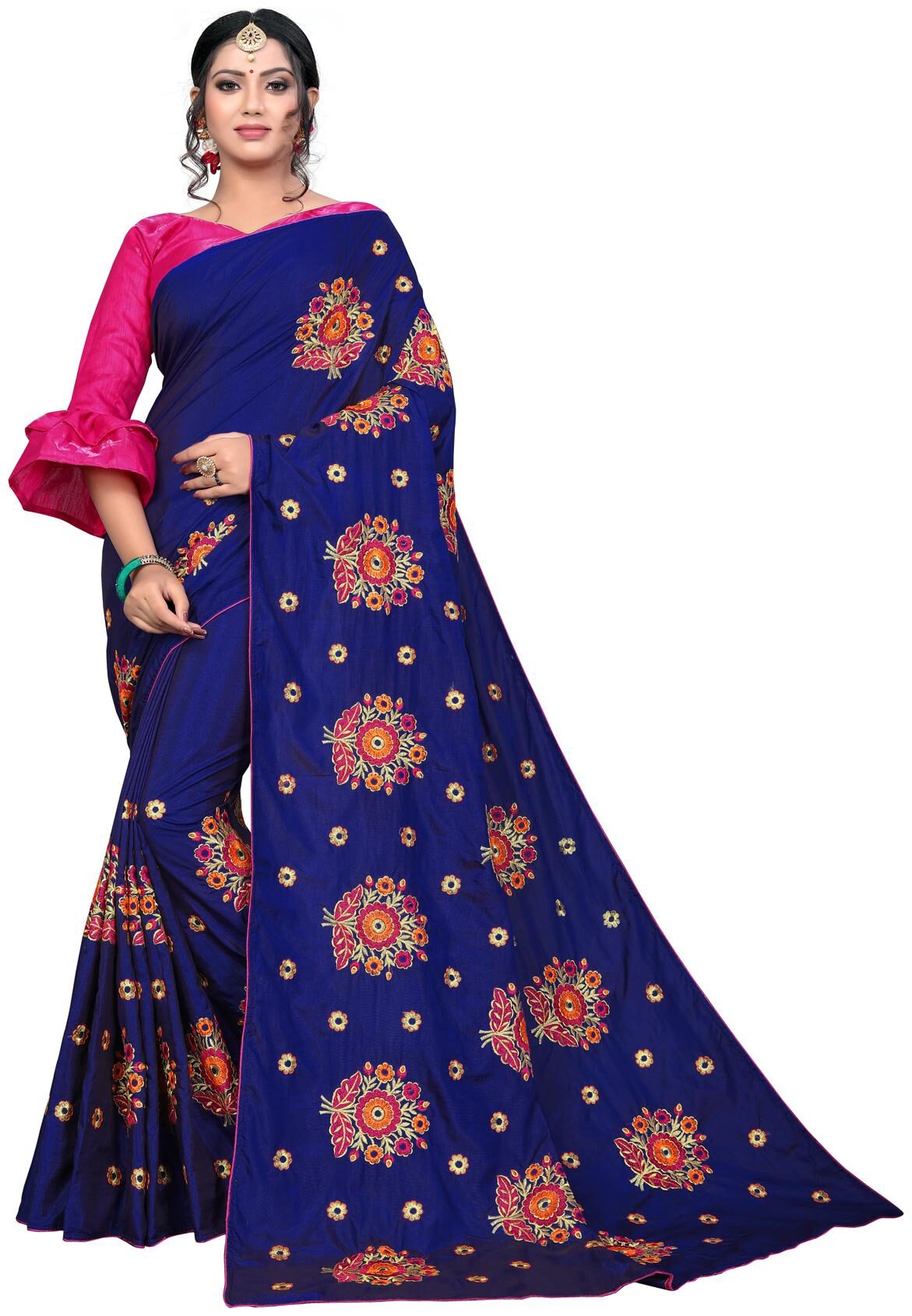 

Pavanputra Fab Designer Blue Silk Embroidered Saree with Blouse Piece