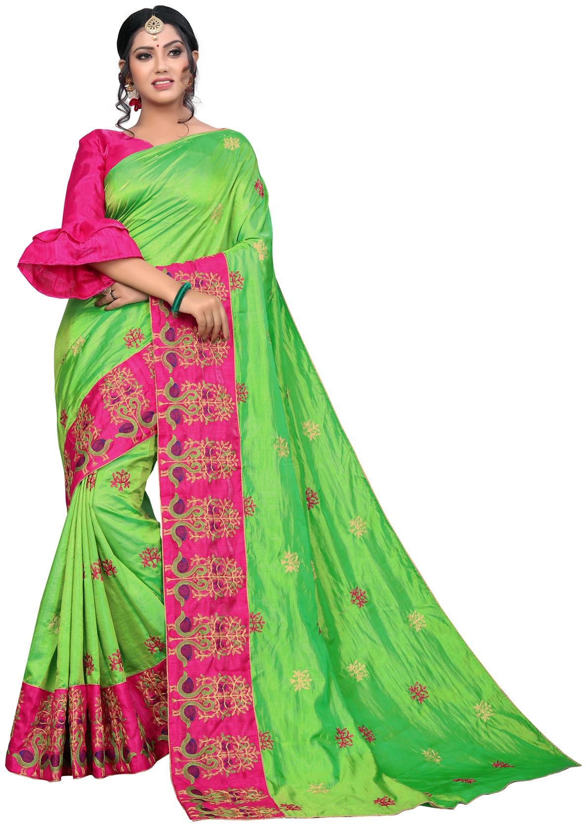 

Pavanputra Fab Designer Green Silk Embroidered Saree with Blouse Piece