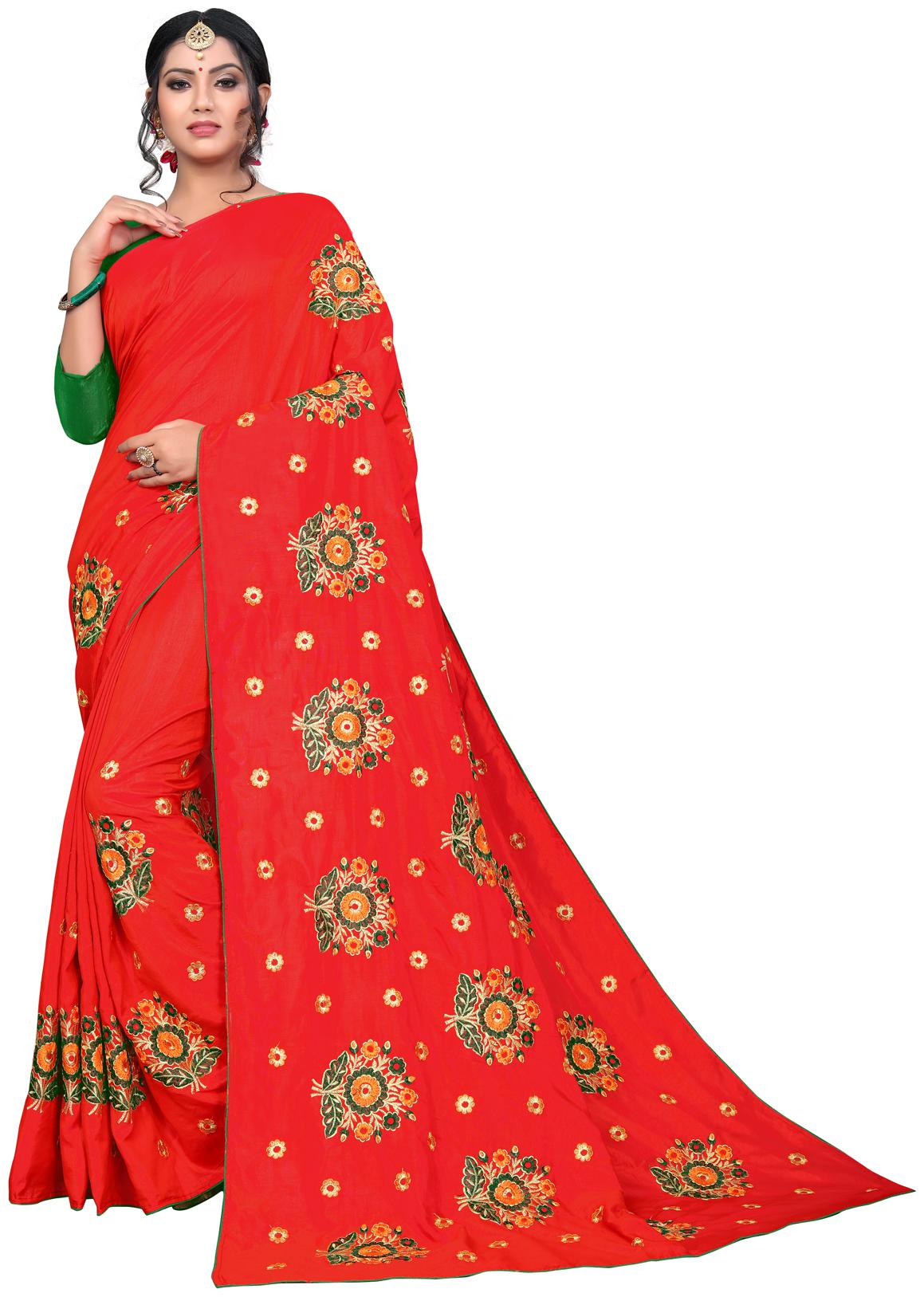 

Pavanputra Fab Designer Red Silk Embroidered Saree with Blouse Piece