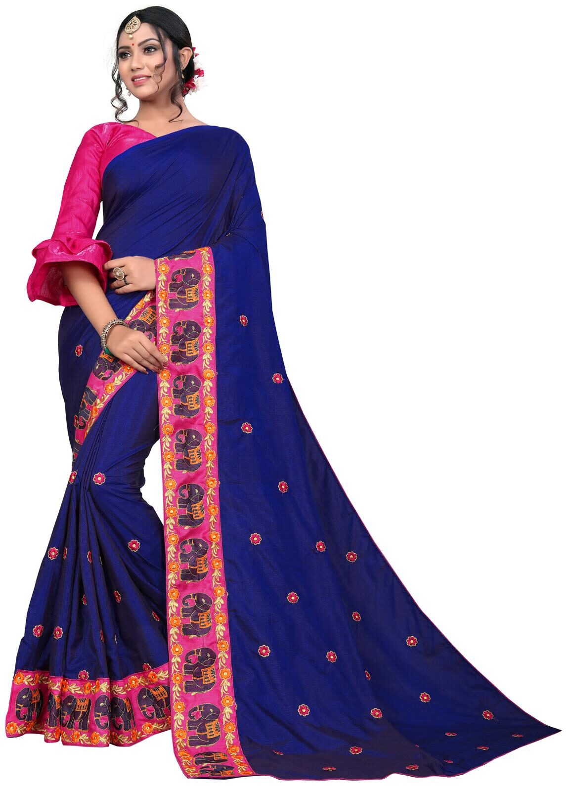 

Pavanputra Fab Designer Blue Silk Embroidered Saree with Blouse Piece