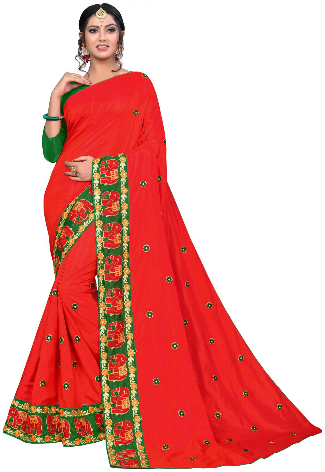 

Pavanputra Fab Designer Red Silk Embroidered Saree with Blouse Piece