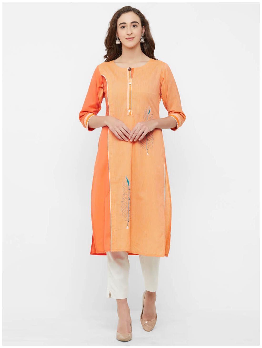 

Payal Women Orange Embroidered Straight Kurti