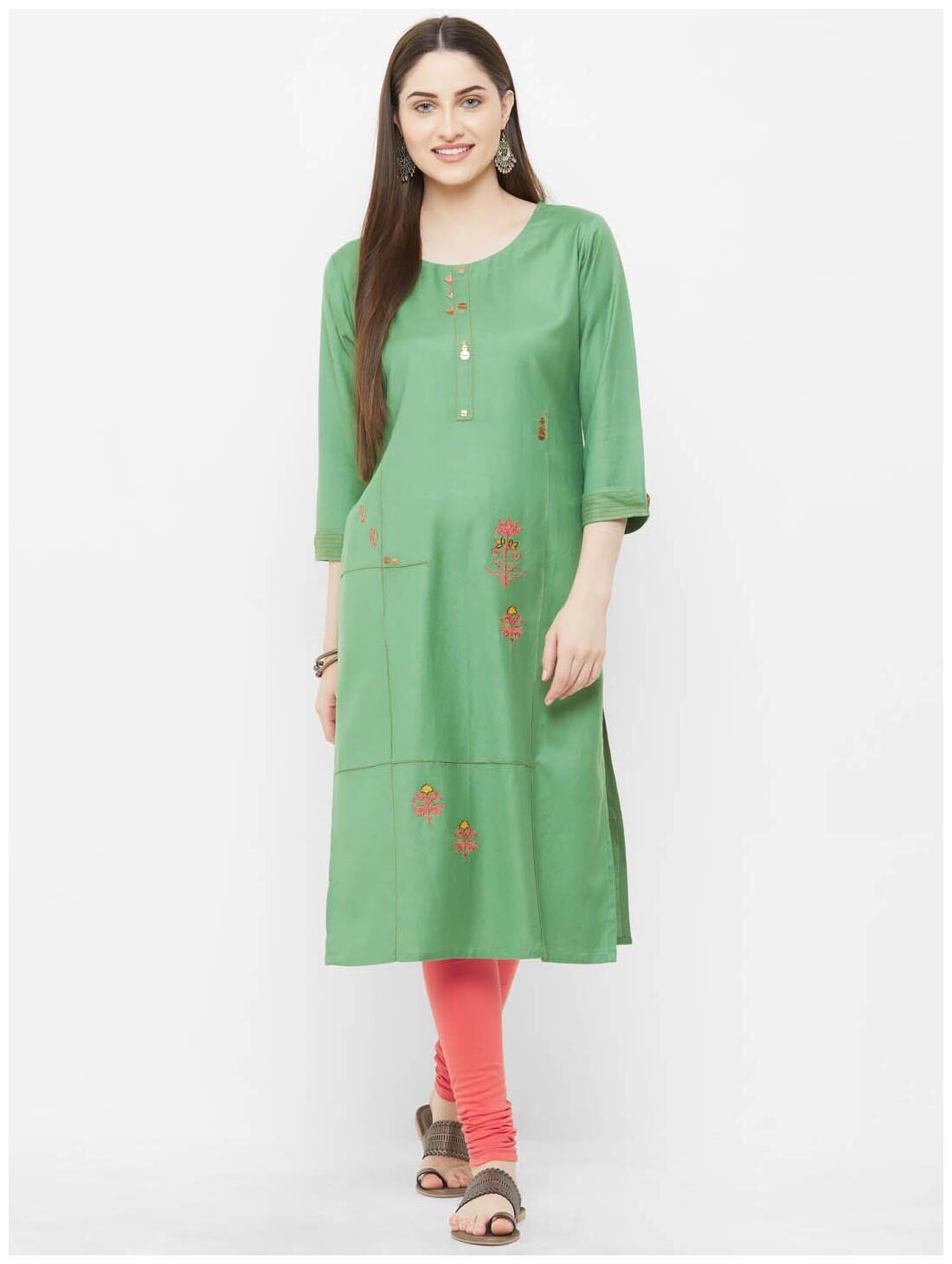 

Payal Women Green Embroidered Straight Kurti