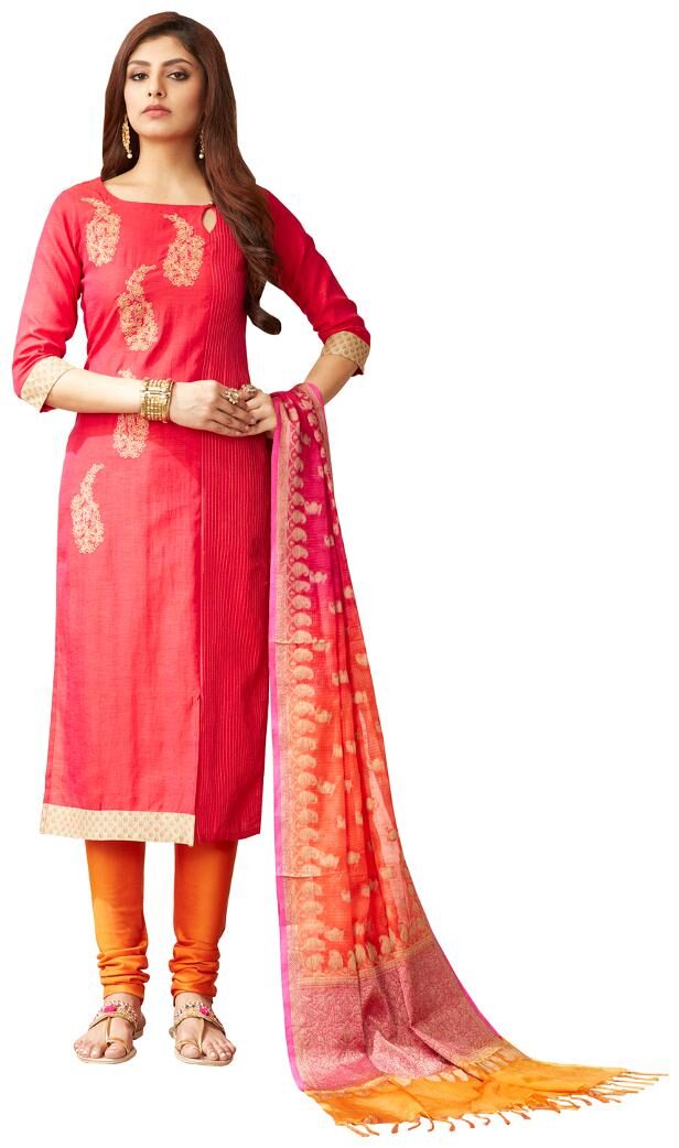 

Payal Womens Pink Silk Straight Cut Kurta and Orange Churidar with Dupatta