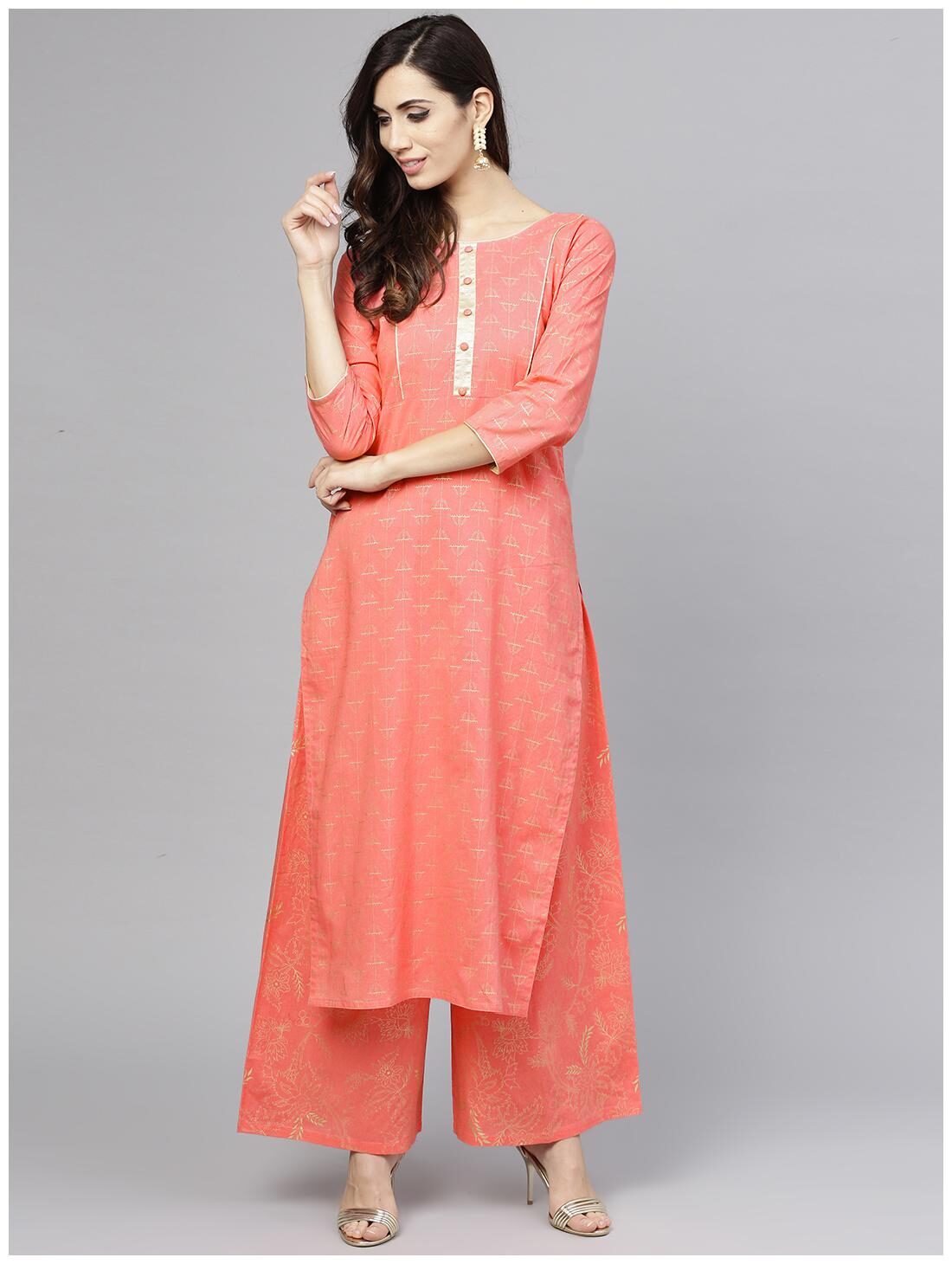 

AASI- HOUSE OF NAYO Women Peach Ethnic Motifs Straight Kurta With Palazzo