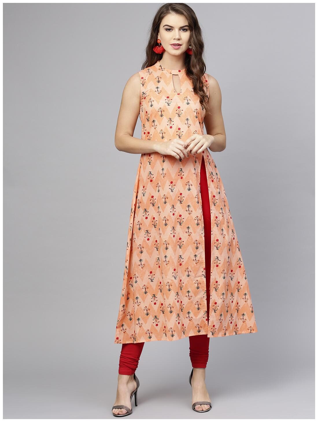 

AASI- HOUSE OF NAYO Women Peach Printed High Slit Kurta