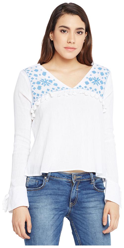 

Pearl White Embroidered Detail V-Neck Top