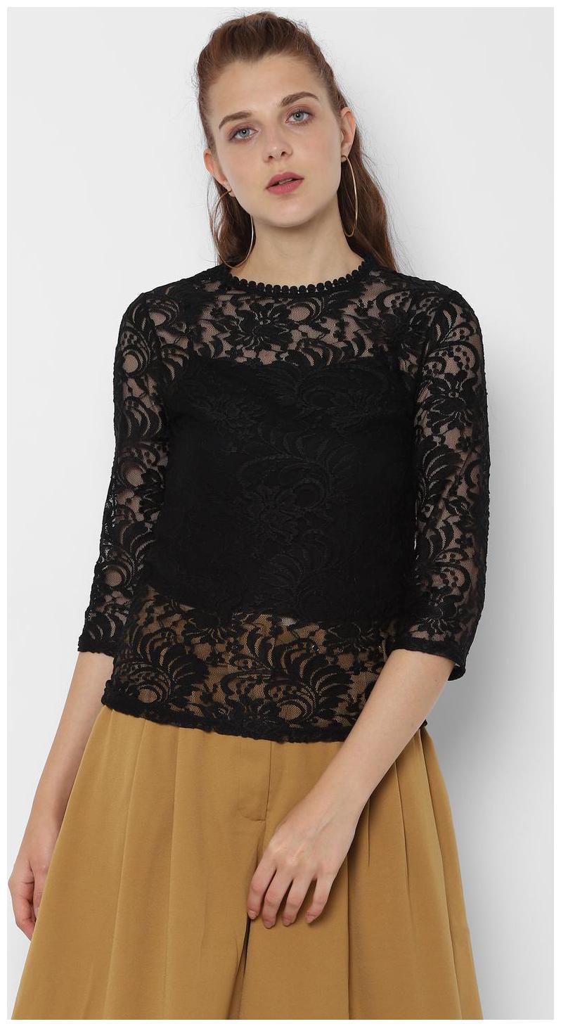 

People Blended Lace Women Black Regular Top