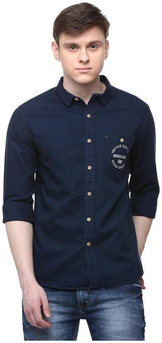 People Men Blue Solid Slim Fit Casual Shirt