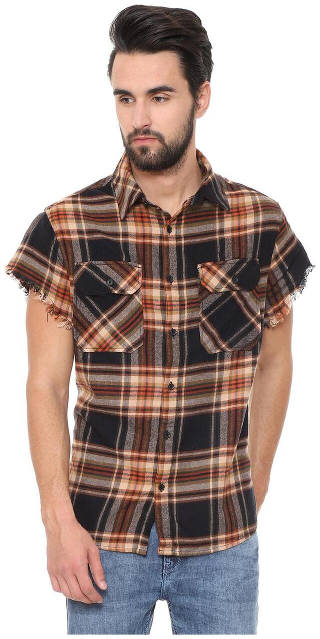 People Men Brown Checked Regular Fit Casual Shirt