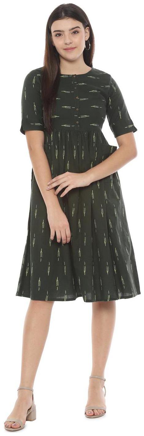 

People Green Printed Fit flare dress
