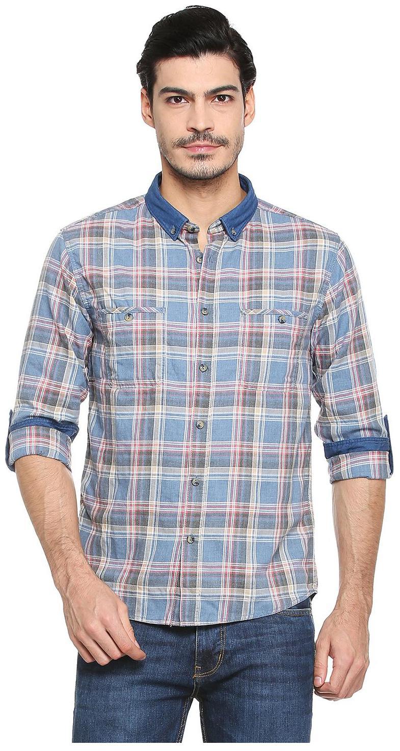 

People Men Blue Checked Regular Fit Casual Shirt