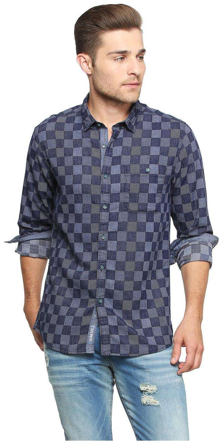 

People Men Blue Checked Regular Fit Casual Shirt