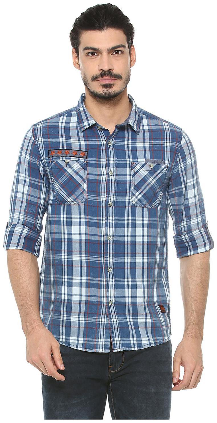 

People Men Blue Checked Regular Fit Casual Shirt