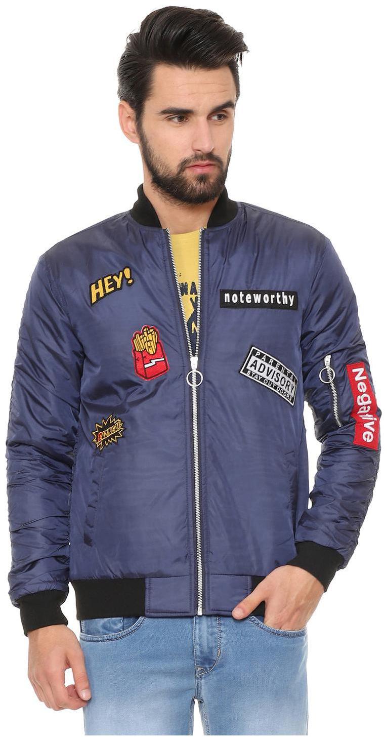 

People Men Blue Printed Bomber jacket