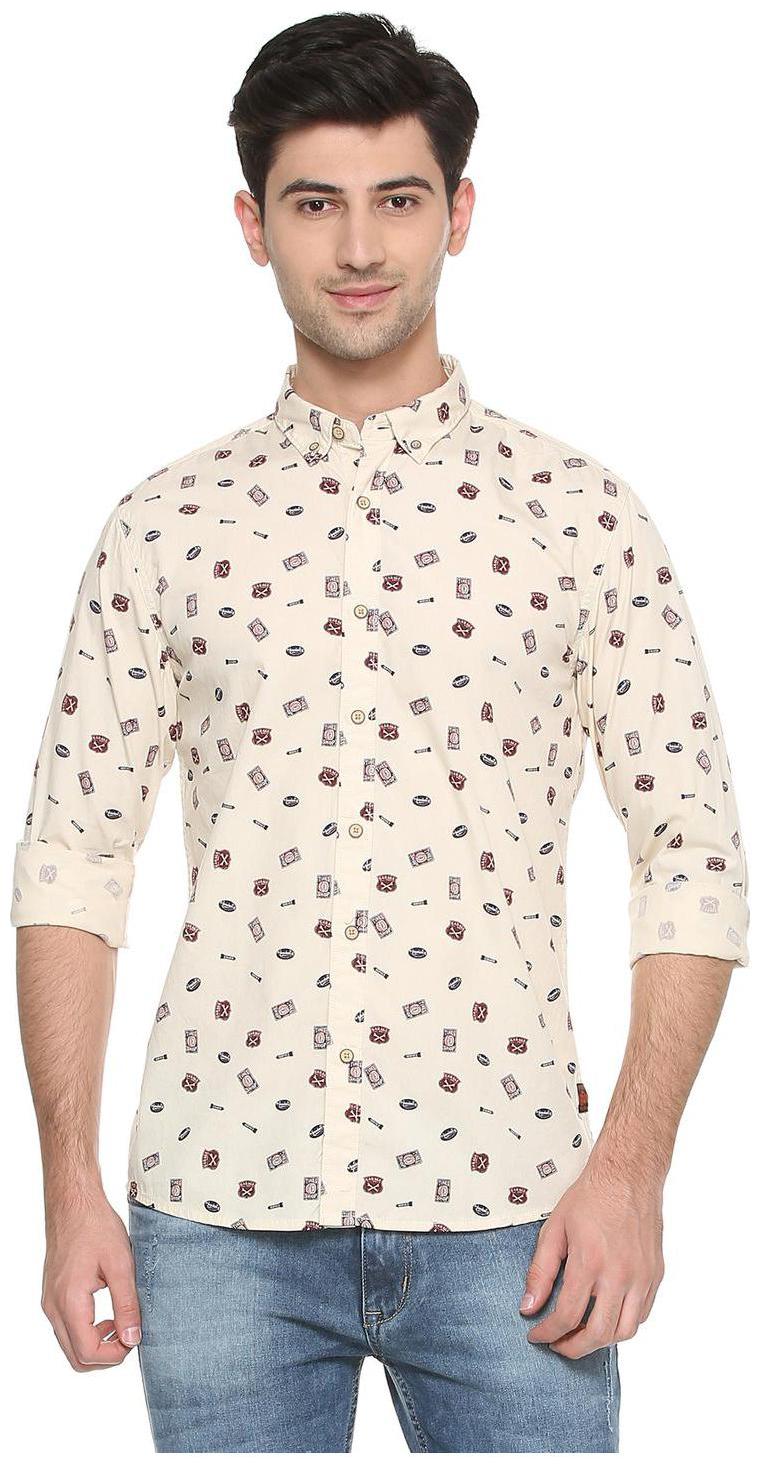 

People Men Beige Printed Regular Fit Casual Shirt