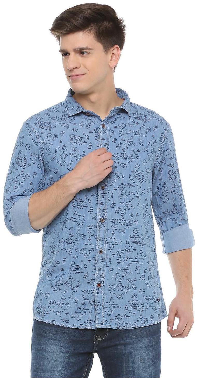 

People Men Blue Printed Slim Fit Casual Shirt