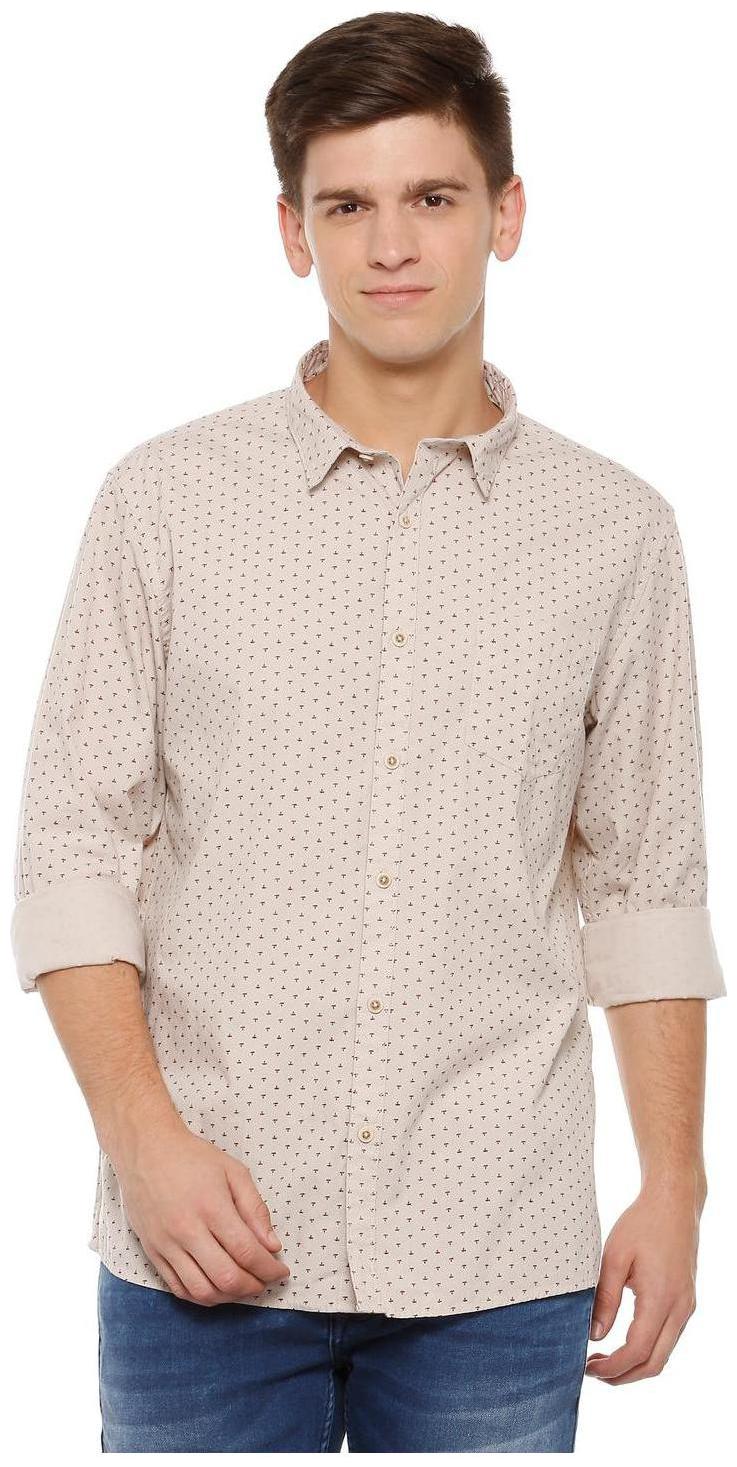 

People Men Beige Printed Slim Fit Casual Shirt
