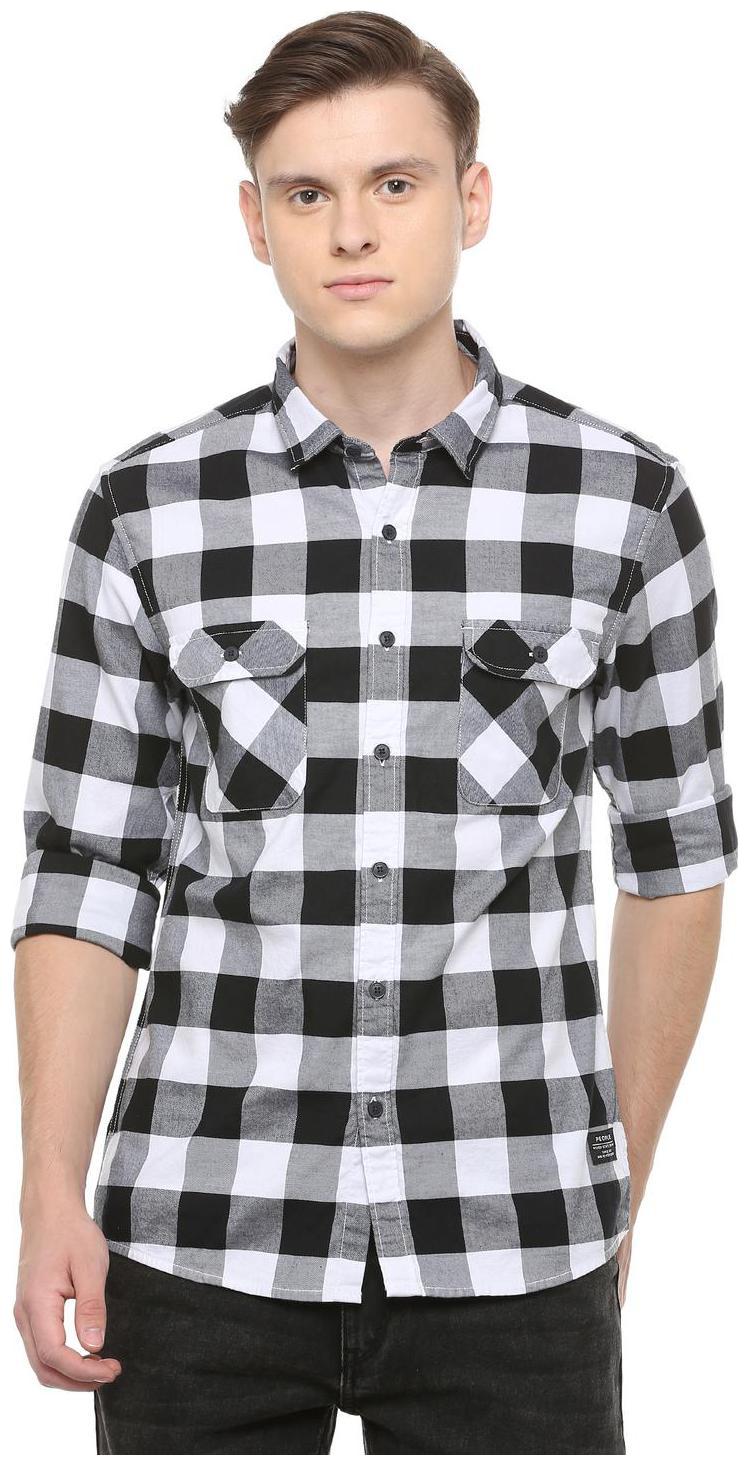 

People Men Black White Checked Regular Fit Casual Shirt