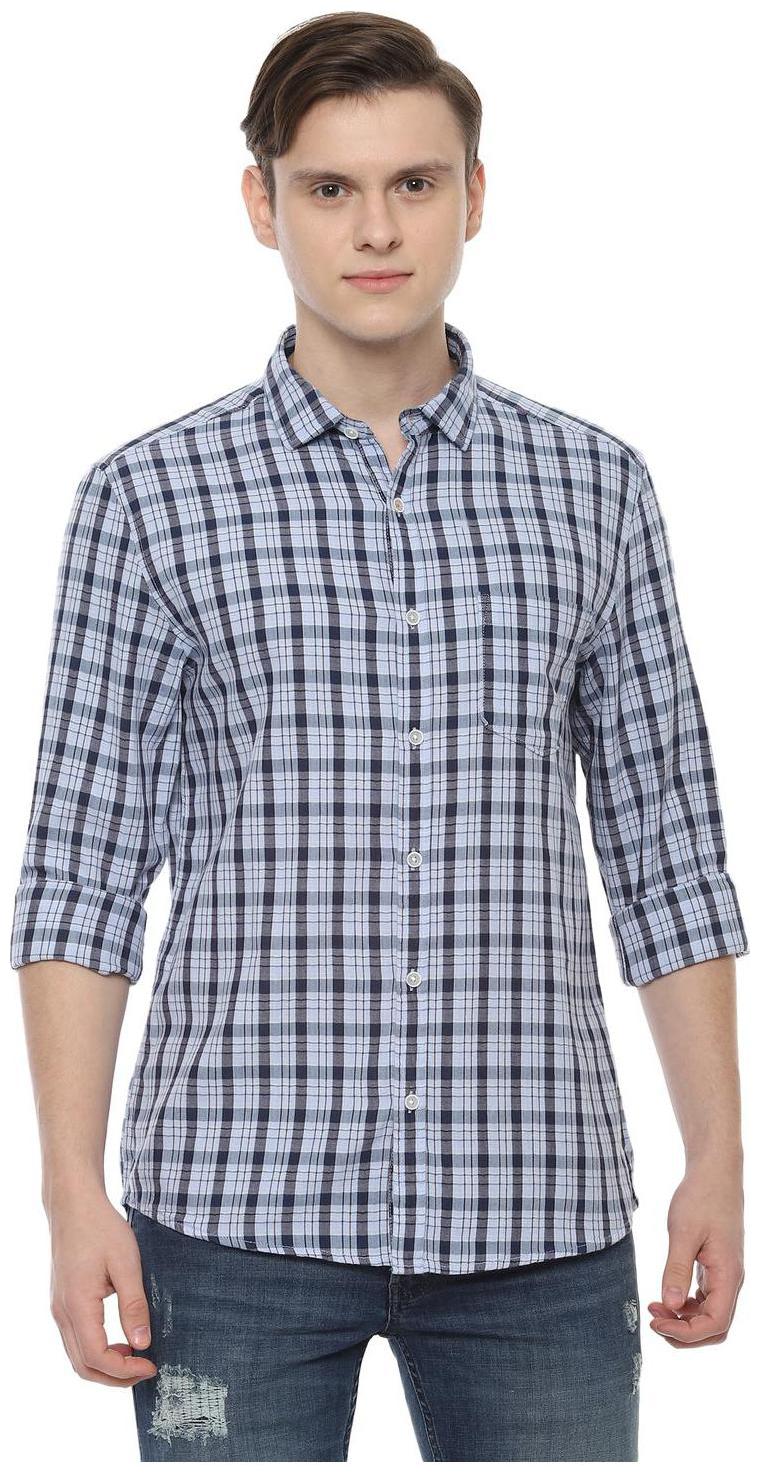 

People Men Blue Checked Slim Fit Casual Shirt