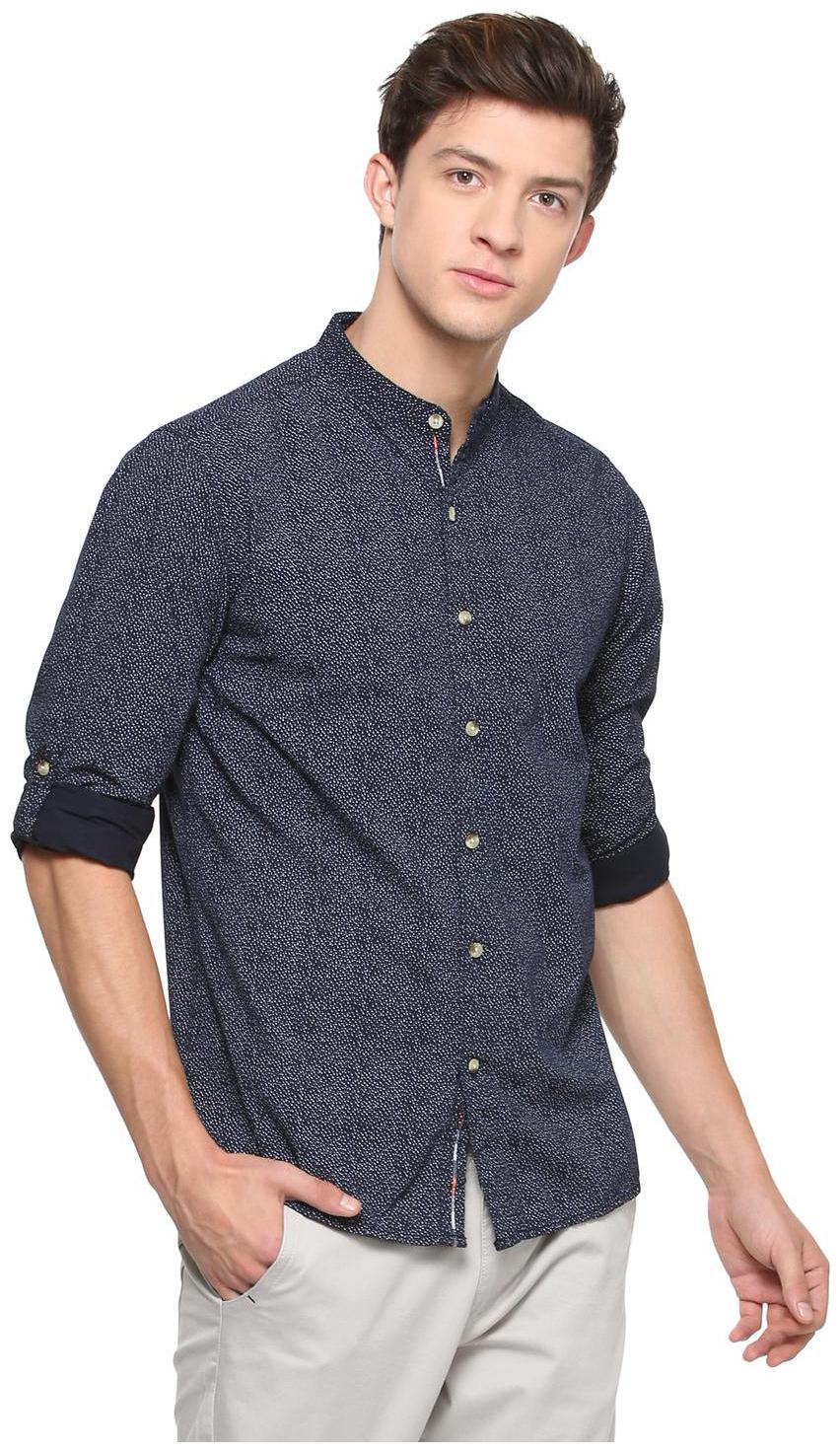 

People Men Blue Printed Slim Fit Casual Shirt