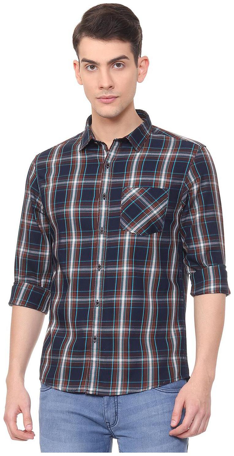 

People Men Blue Checked Slim Fit Casual Shirt