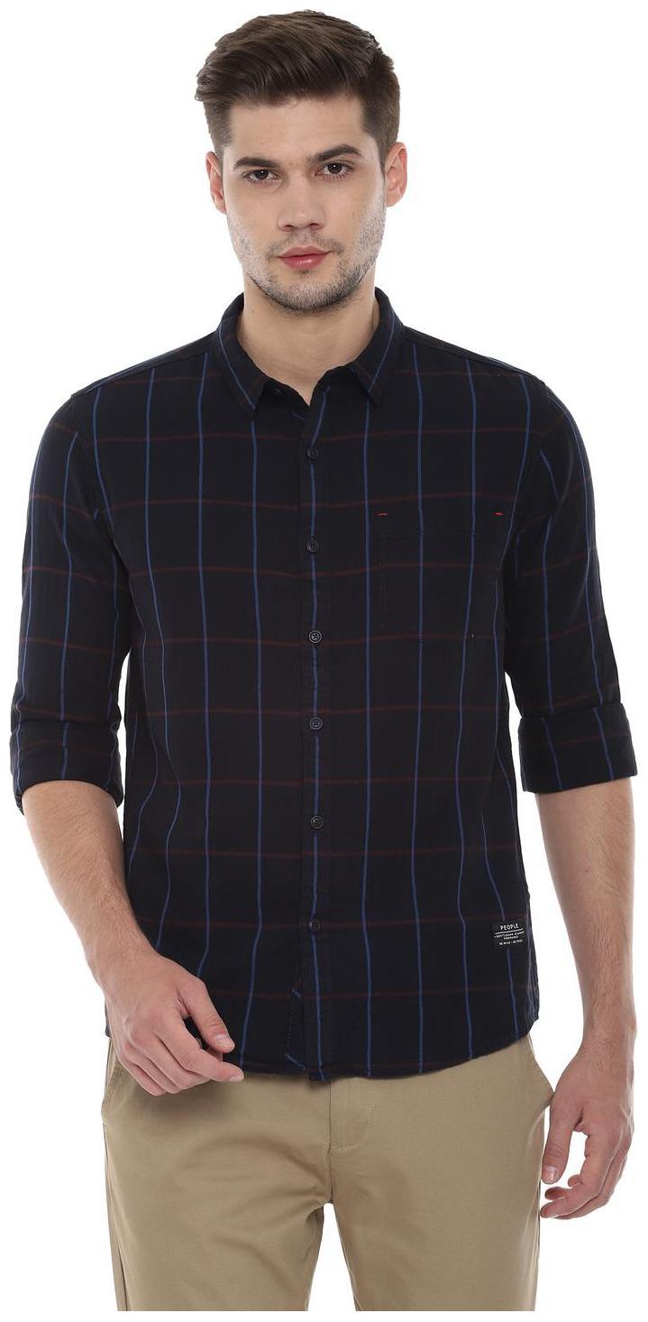 

People Men Blue Checked Regular Fit Casual Shirt