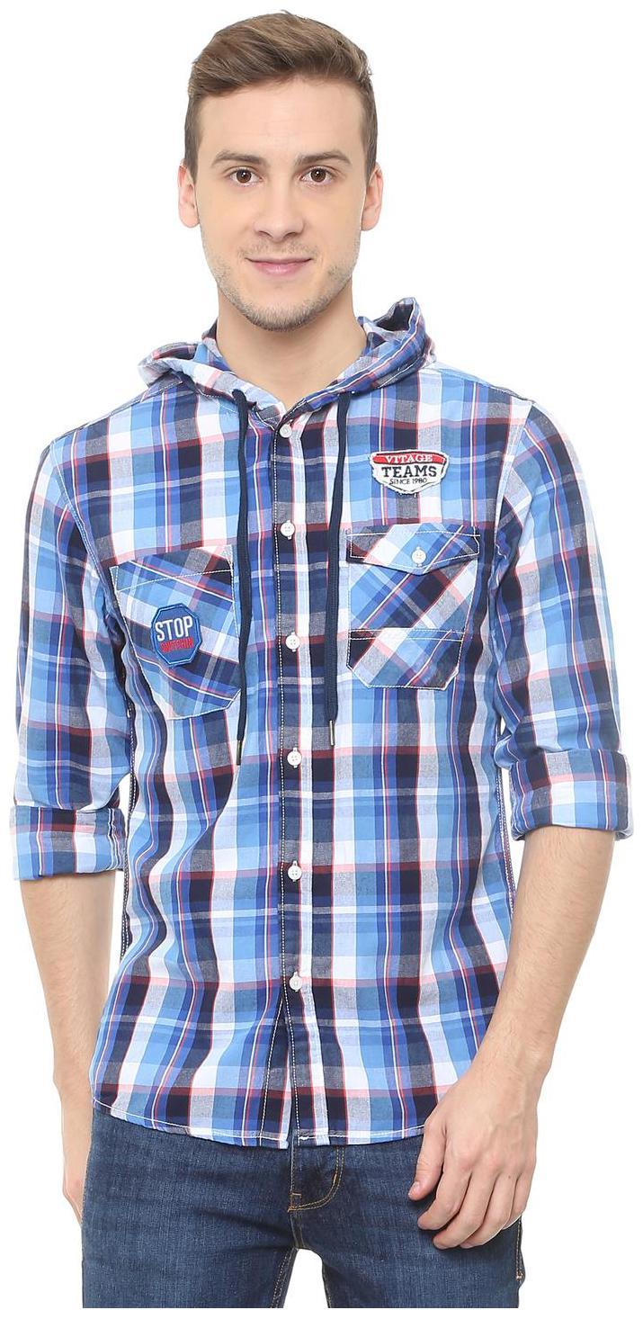 

People Men Blue Checked Slim Fit Casual Shirt