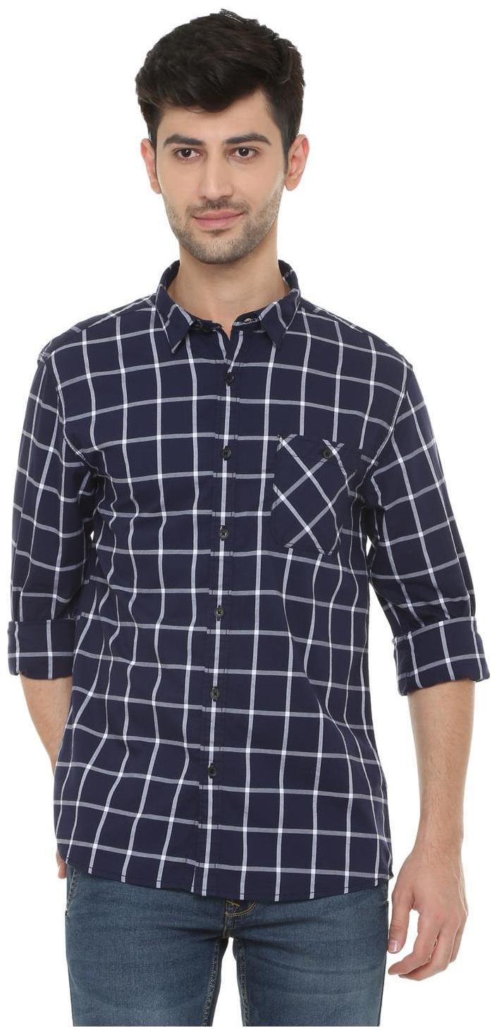 

People Men Blue Checked Slim Fit Casual Shirt