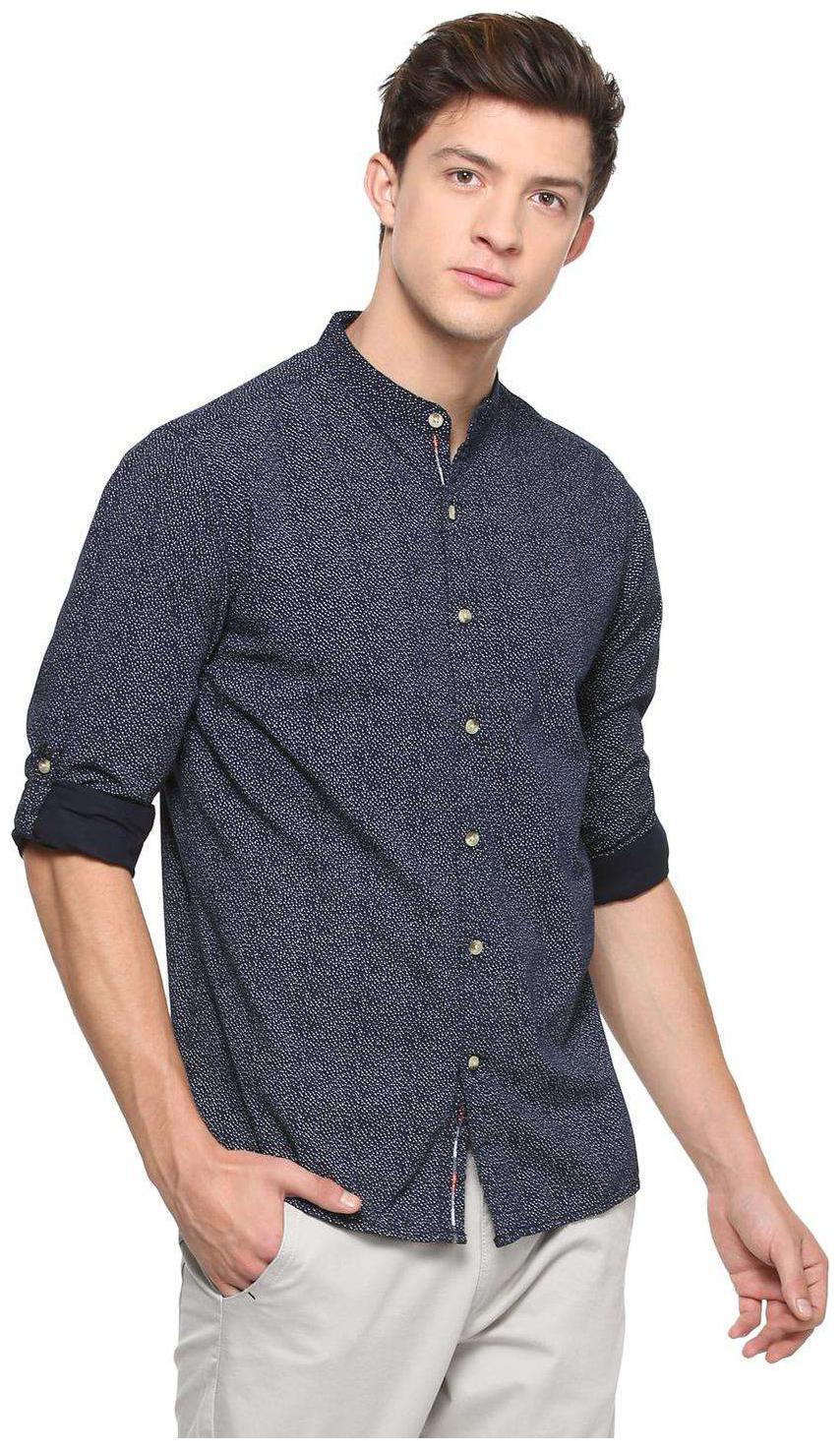 

People Men Blue Printed Slim Fit Casual Shirt