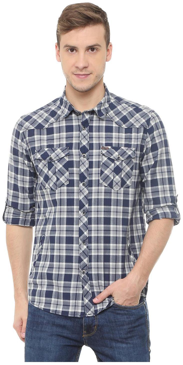 

People Men Blue Checked Slim Fit Casual Shirt