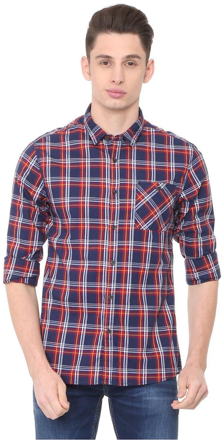 

People Men Blue Checked Slim Fit Casual Shirt